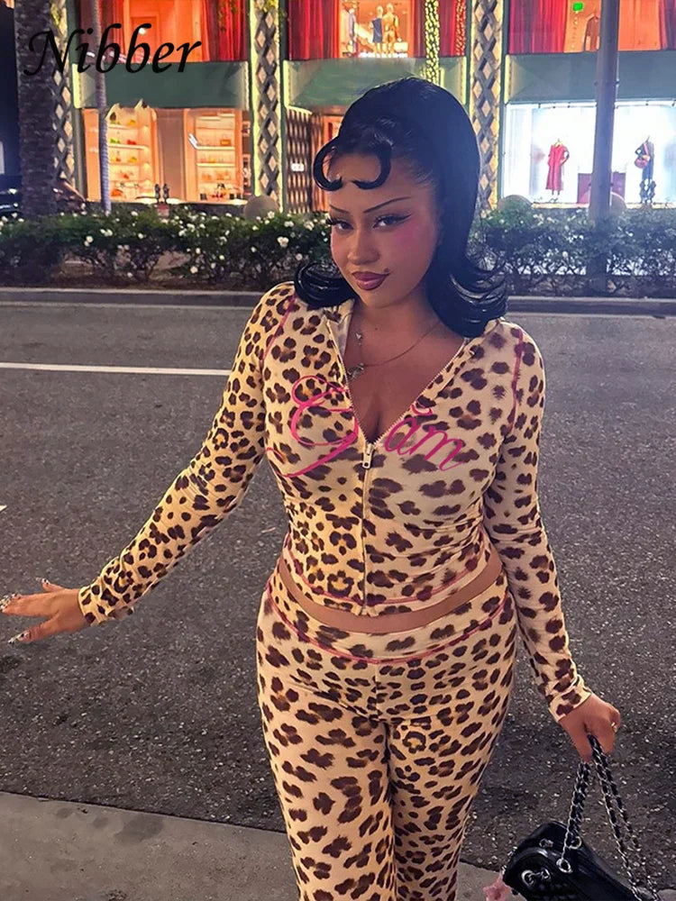 Women's Crop Hoodie & Flared Pants | Leopard Print Set | Camo Colors