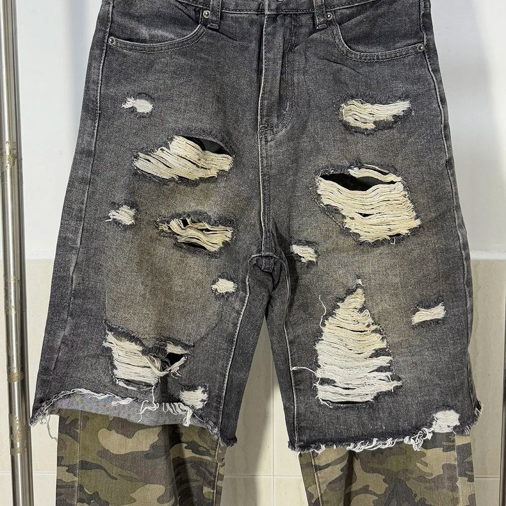 American Street Design Camouflage Splicing Jeans PFNW | Camo Colors