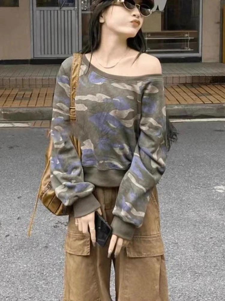 Off-Shoulder Camouflage Harajuku Cropped Sweatshirt for Women | Camo Colors