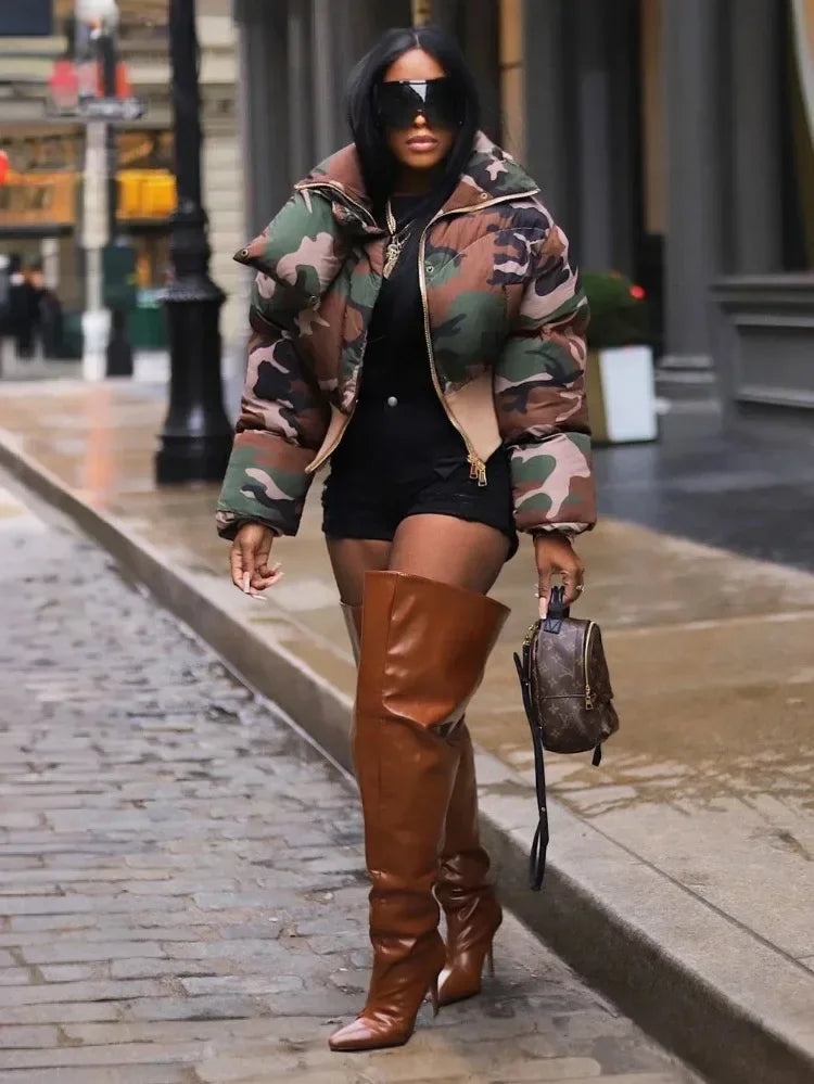 Women’s Autumn Winter Camouflage Printed Down Jacket Camo Colors