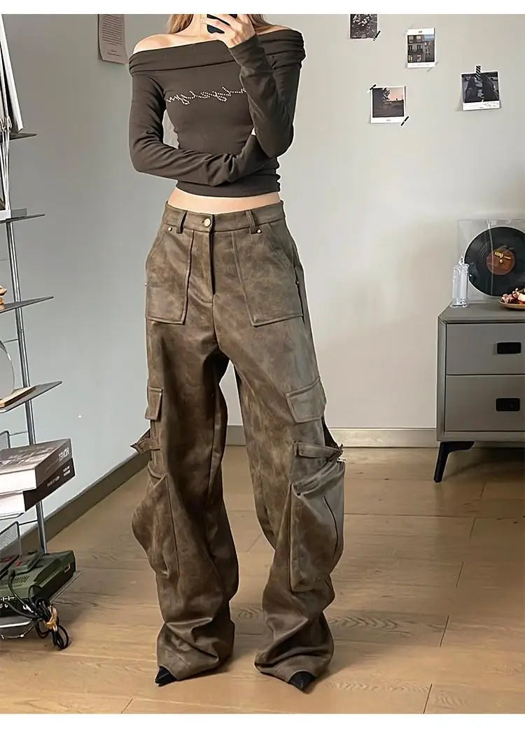Y2K Baggy Faux Leather Cargo Pants – High Street Vibes | Camo Colors