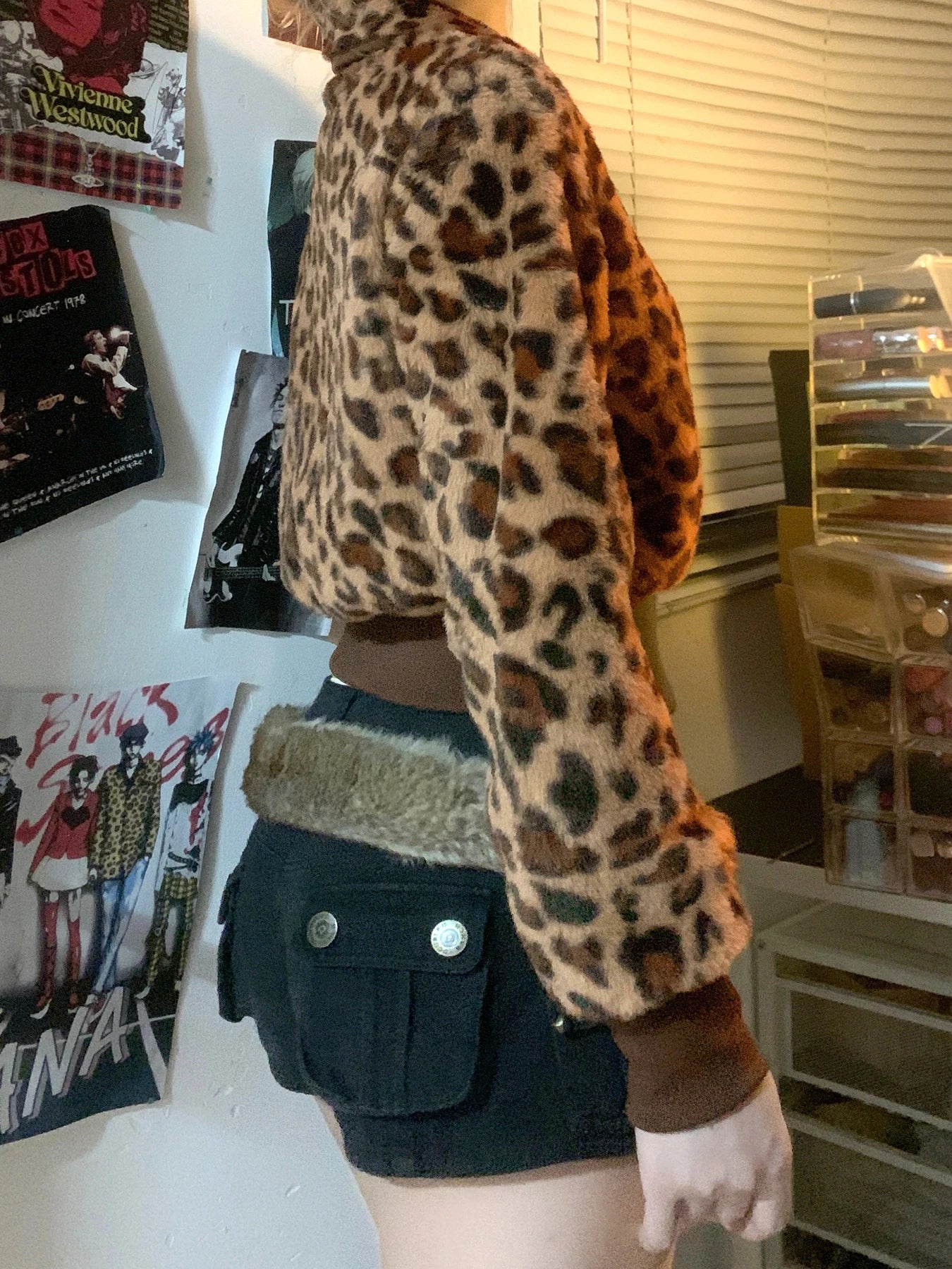 Leopard Print Faux Fur Coat with Knitted Waist | Camo Colors
