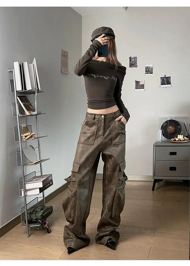 Y2K Baggy Faux Leather Cargo Pants – High Street Vibes | Camo Colors