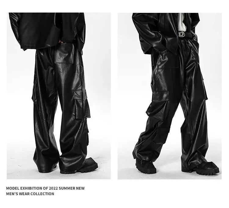 New Men’s Multi-Pocket Cargo Pants Hip-Hop Punk Leather Trousers Camo Colors