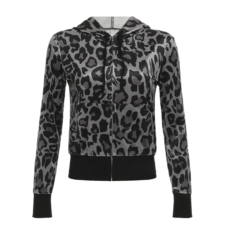 Y2K Leopard Print Velvet Zip-Up Hoodie | Camo Colors