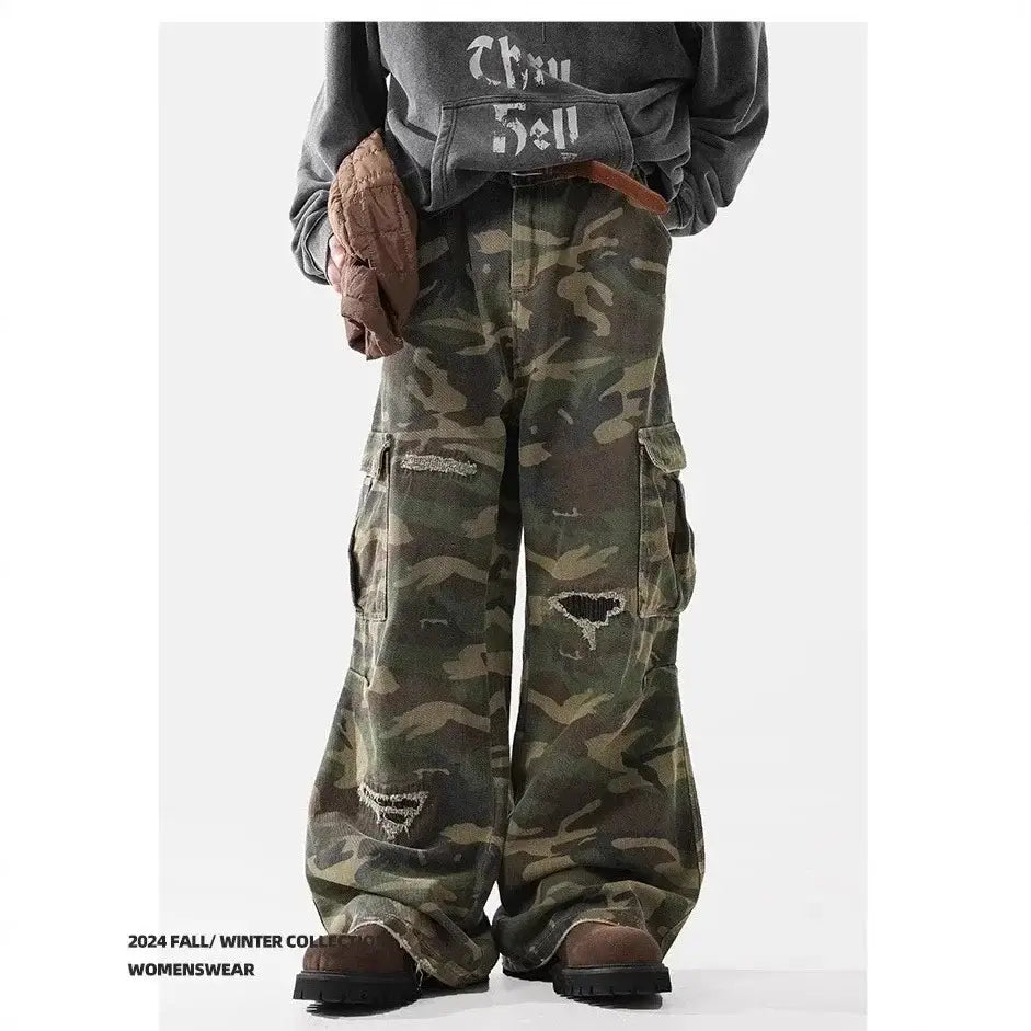 Trendy Men's Women's American Style Pure Wilderness Ripped Camouflage Pants Casual Cargo Pants Loose Fit Vibe Leisure Pants | Camo Colors