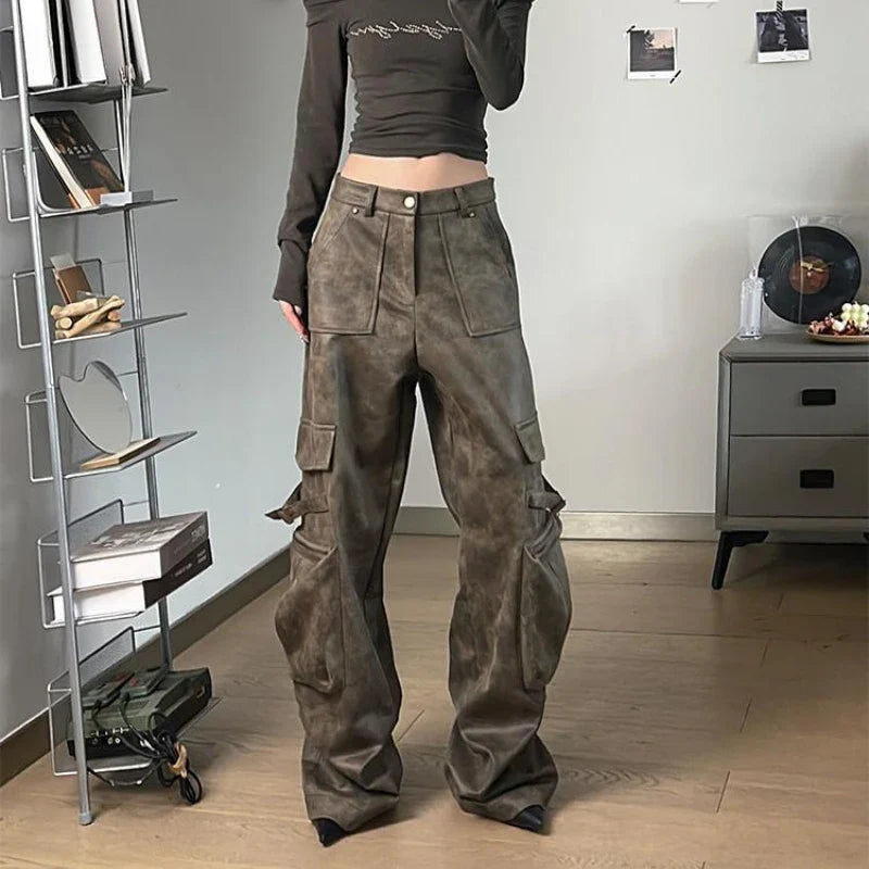 Y2K Baggy Faux Leather Cargo Pants – High Street Vibes | Camo Colors