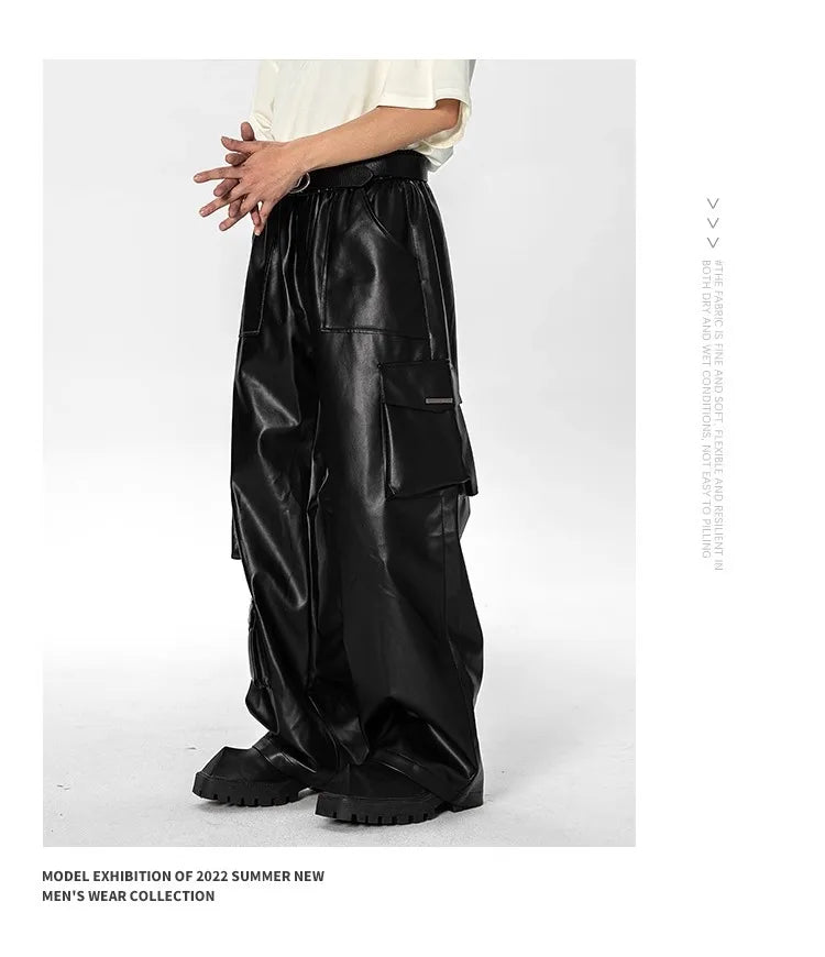 New Men’s Multi-Pocket Cargo Pants Hip-Hop Punk Leather Trousers Camo Colors