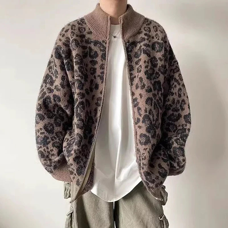 Men's Leopard Knit Jacket with Stand Collar | Camo Colors