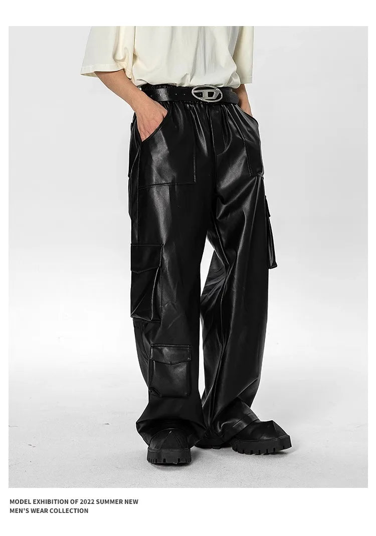 New Men’s Multi-Pocket Cargo Pants Hip-Hop Punk Leather Trousers Camo Colors