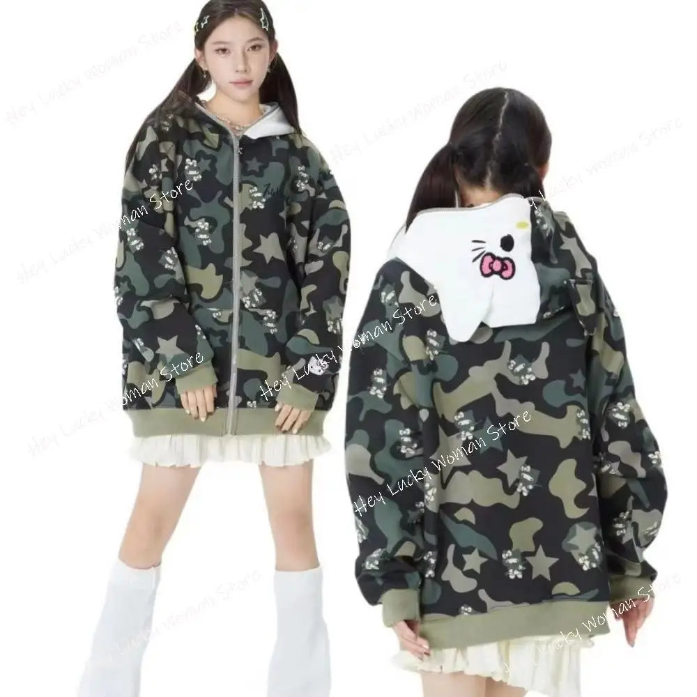 Anime Couple Outfit Cotton Cute Cardigan Jacket – Hello Kitty Hoodie | Camo Colors