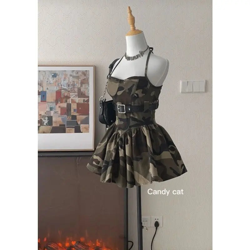 Harajuku Spicy Girl Camo Camisole Skirt Mini Dress 2025 Y2K Camo Colors
