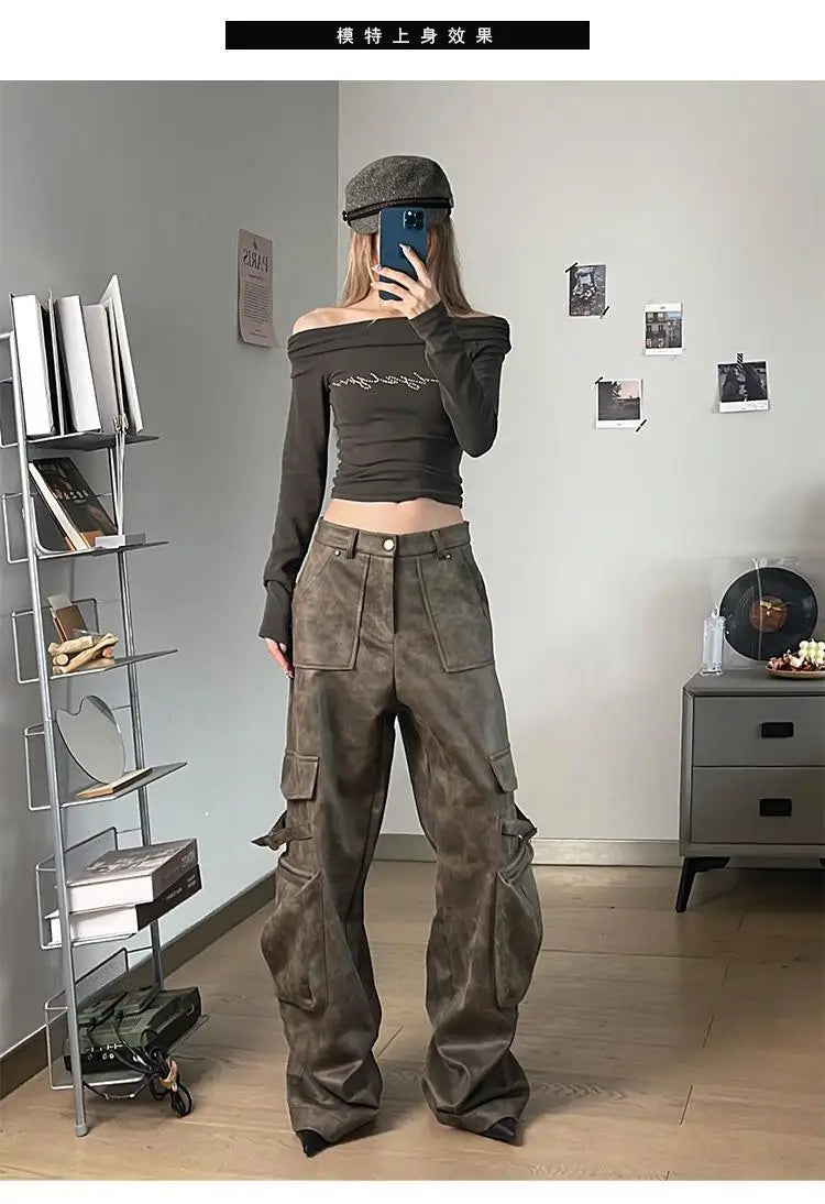 Y2K Baggy Faux Leather Cargo Pants – High Street Vibes | Camo Colors