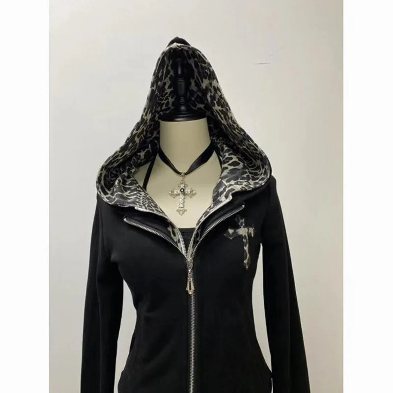 Y2K Retro Gothic Leopard Print Zip Hoodie – Harajuku Casual Top | Camo Colors