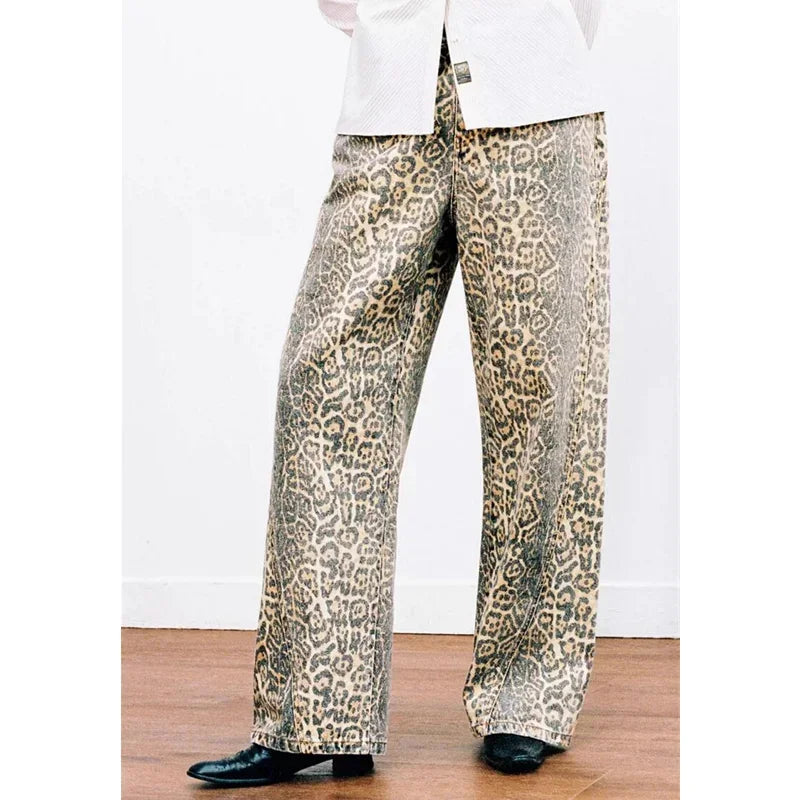 Women’s Retro Leopard Print Wide Leg Jeans | Y2K Hip-Hop Style | Camo Colors