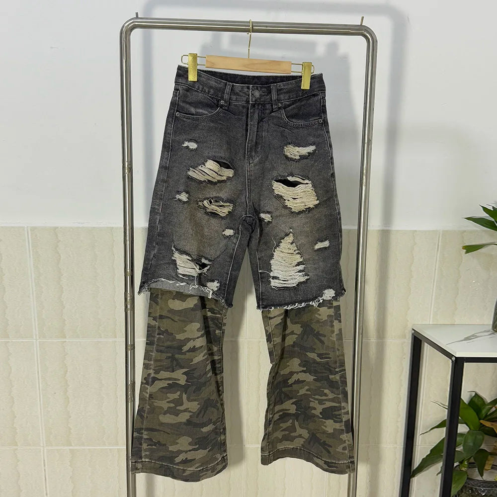 American Street Design Camouflage Splicing Jeans PFNW | Camo Colors