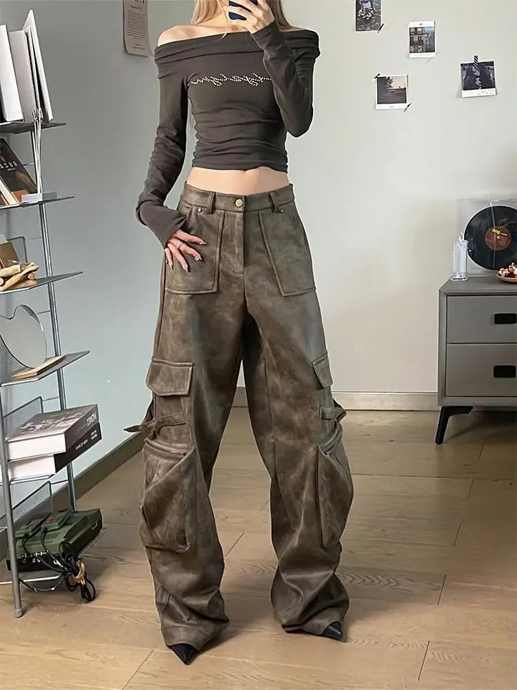 Y2K Baggy Faux Leather Cargo Pants – High Street Vibes | Camo Colors