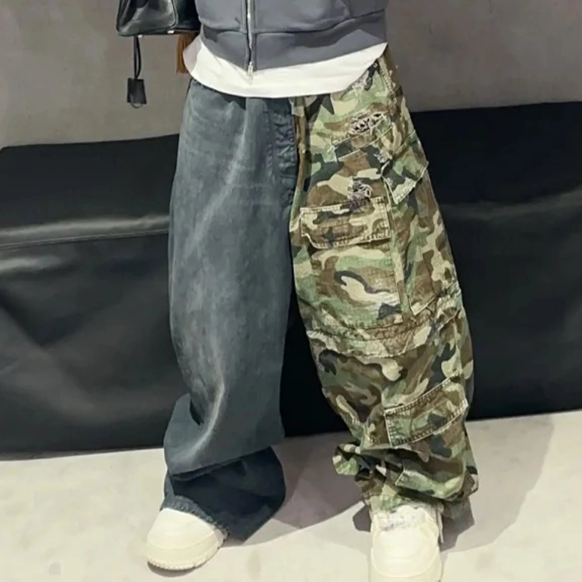 Men's Vintage Washed Camo Spliced Wide-Leg Jeans | Camo Colors