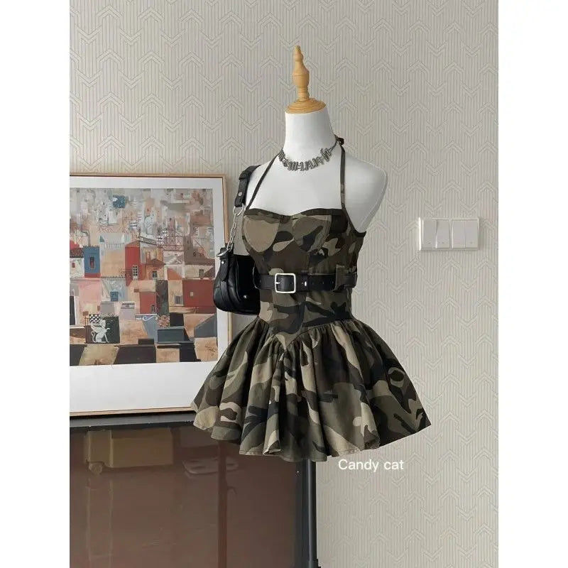 Harajuku Spicy Girl Camo Camisole Skirt Mini Dress 2025 Y2K Camo Colors