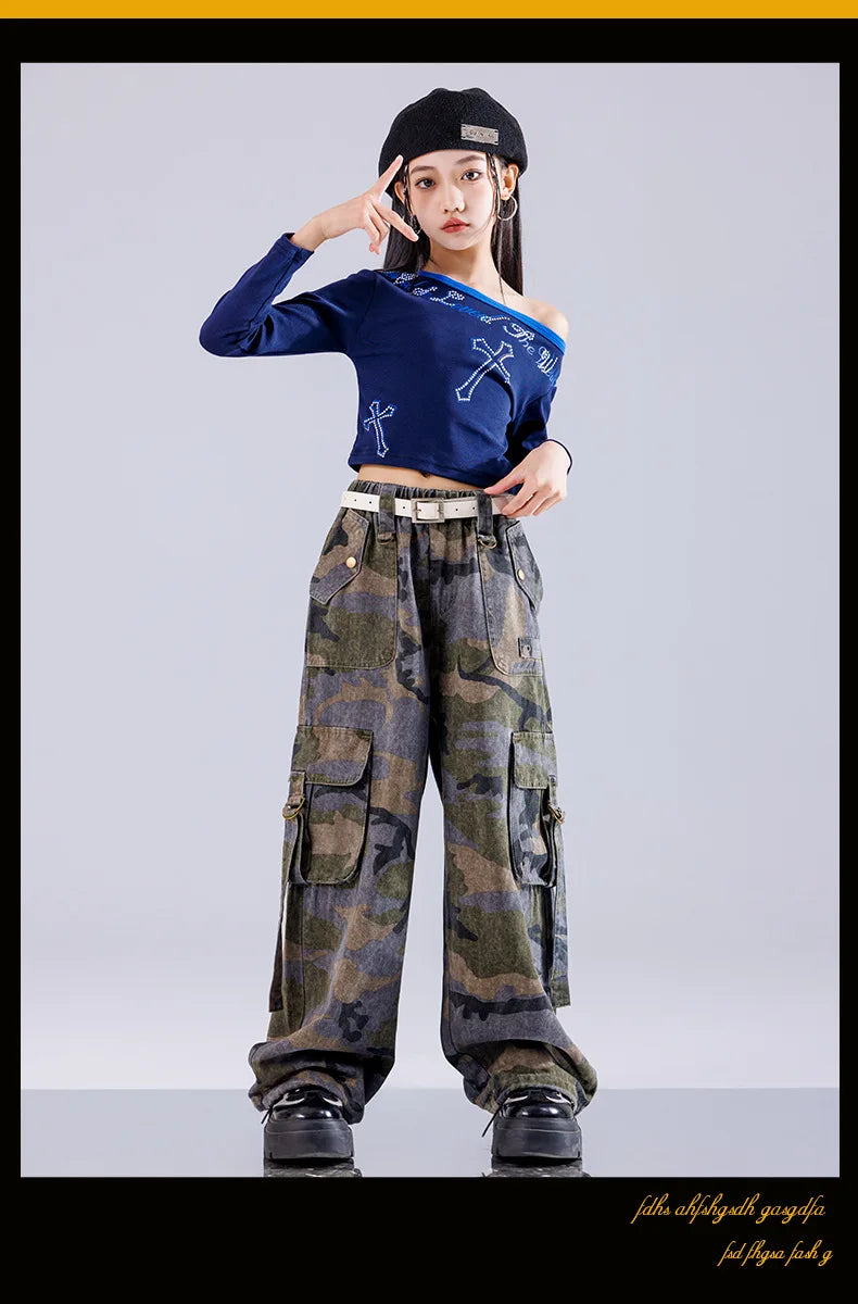 Girls' Hip-Hop Crop Top Camouflage Cargo Pants – Streetwear Style | Camo Colors