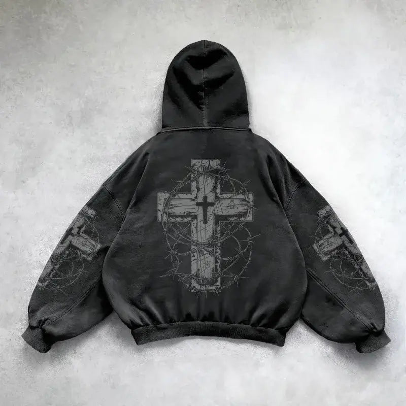 Y2K Gothic Cross Print Hoodie – Streetwear Style | Camo Colors