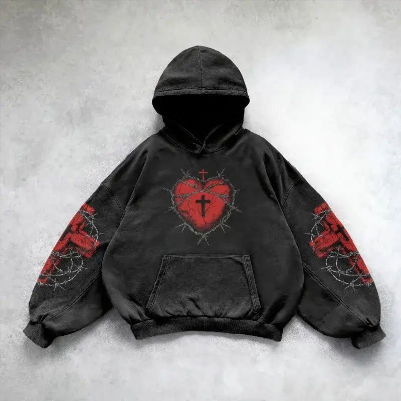 Y2K Gothic Cross Print Hoodie – Streetwear Style | Camo Colors