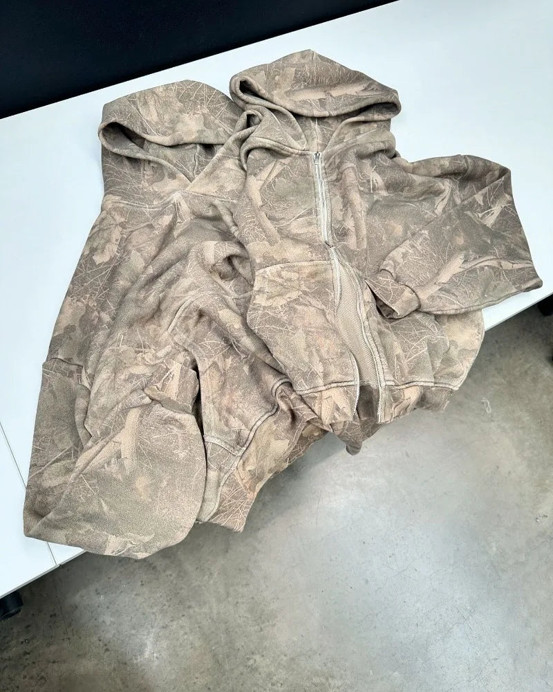 Y2K Leaf Print Zipper Hoodie – Hip Hop Streetwear | Camo Colors