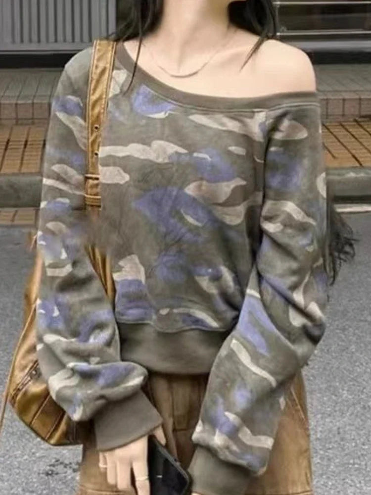 Off-Shoulder Camouflage Harajuku Cropped Sweatshirt for Women | Camo Colors