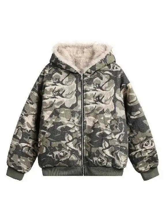 Women's Camouflage Bomber Jacket with Faux Fur Hood | Camo Colors