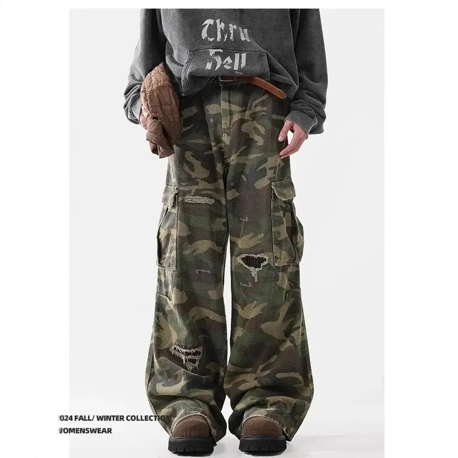 Trendy Men's Women's American Style Pure Wilderness Ripped Camouflage Pants Casual Cargo Pants Loose Fit Vibe Leisure Pants | Camo Colors