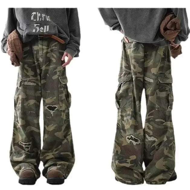Trendy Men's Women's American Style Pure Wilderness Ripped Camouflage Pants Casual Cargo Pants Loose Fit Vibe Leisure Pants | Camo Colors
