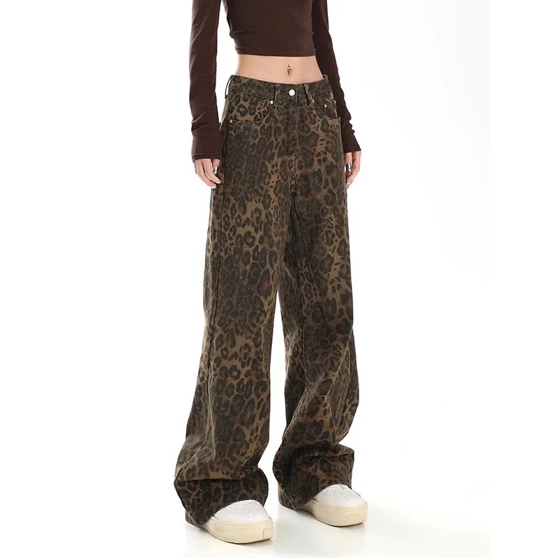 Women’s Retro Leopard Print Wide Leg Jeans | Y2K Hip-Hop Style | Camo Colors