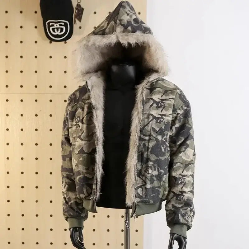 Unisex Fur Collar Camouflage Hooded Puffer Jacket | Casual Loose Fit Camo Colors