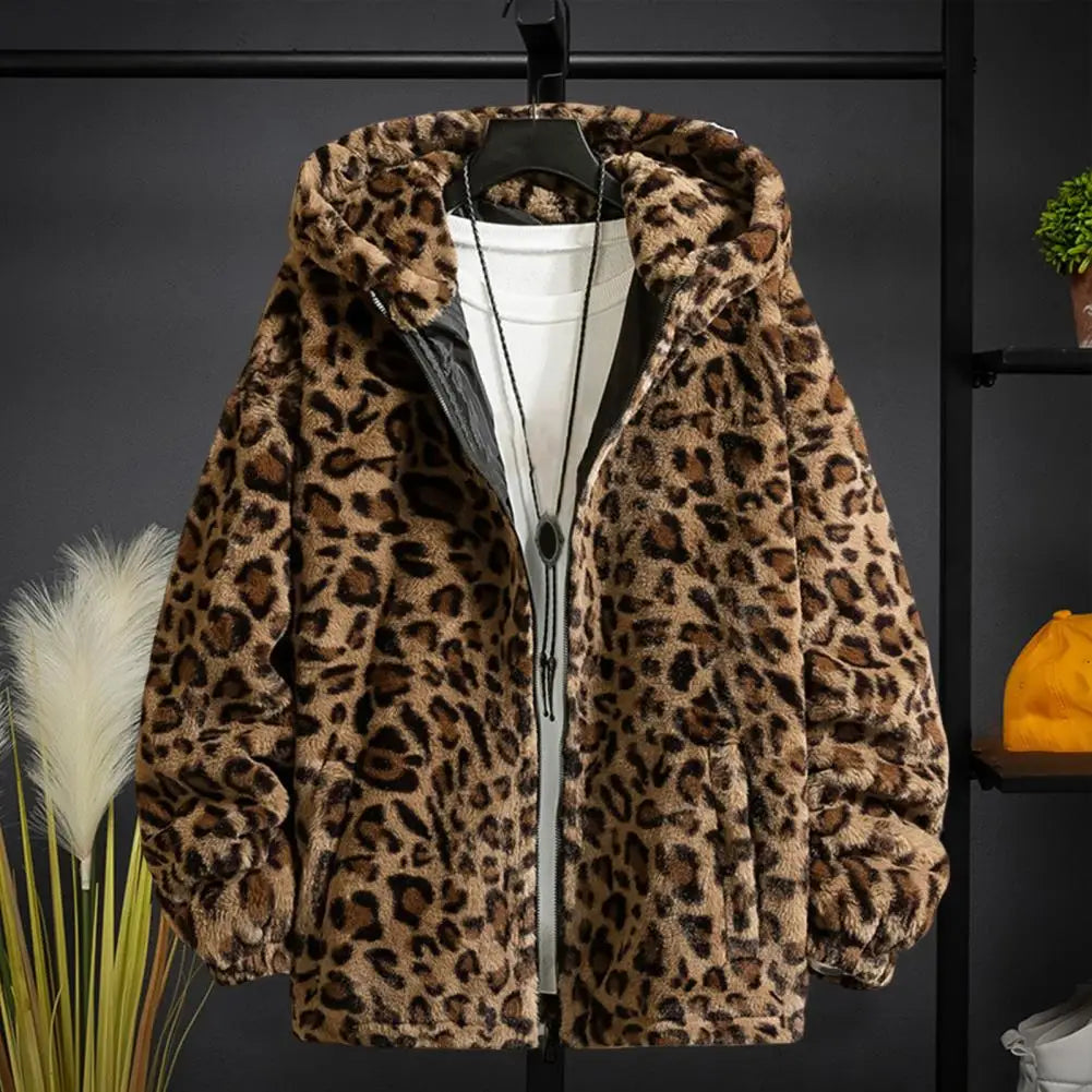 Men’s Plush Leopard Print Hooded Jacket | Camo Colors
