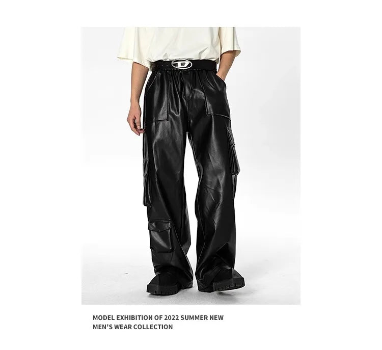 New Men’s Multi-Pocket Cargo Pants Hip-Hop Punk Leather Trousers Camo Colors