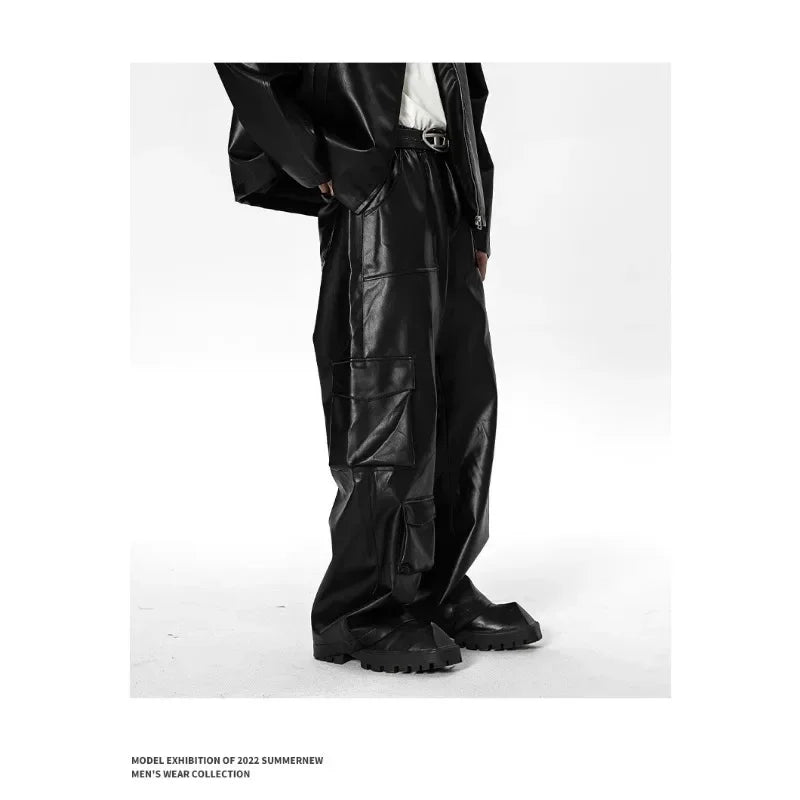 New Men’s Multi-Pocket Cargo Pants Hip-Hop Punk Leather Trousers Camo Colors
