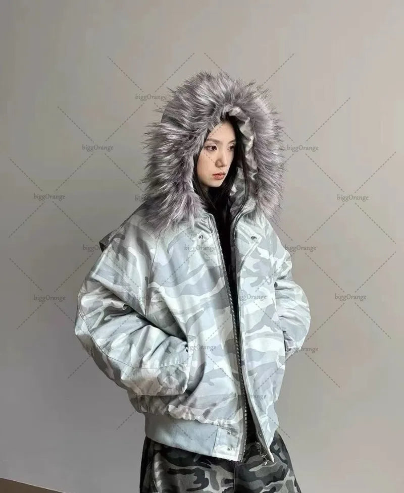 Harajuku Camo Bomber Jacket with Fur Collar Warm Coat Men Camo Colors