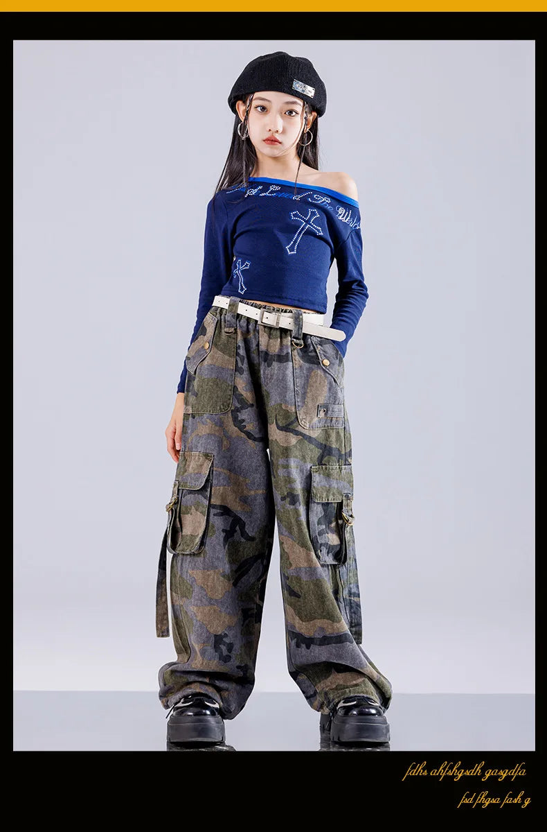 Girls' Hip-Hop Crop Top Camouflage Cargo Pants – Streetwear Style | Camo Colors