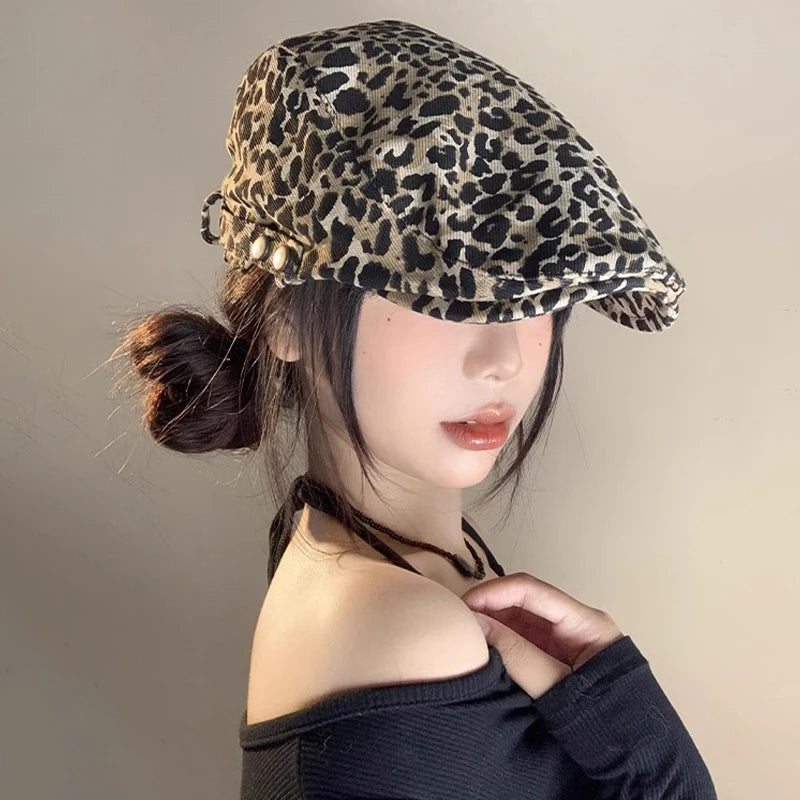 American Retro Leopard Print Duckbill Beret - Niche Fashion Hat | Camo Colors