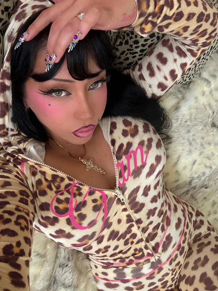 Leopard Letter Print 2-Piece Tracksuit – Crop Hoodie & Flare Pants | Camo Colors