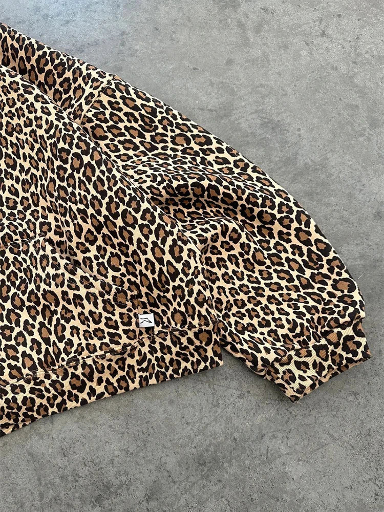 Y2K Streetwear Leopard Print Hoodie – Men's Oversized Pullover | Camo Colors