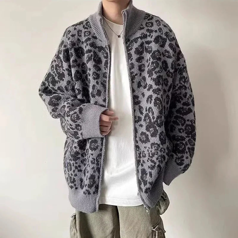 Men's Leopard Knit Jacket with Stand Collar | Camo Colors