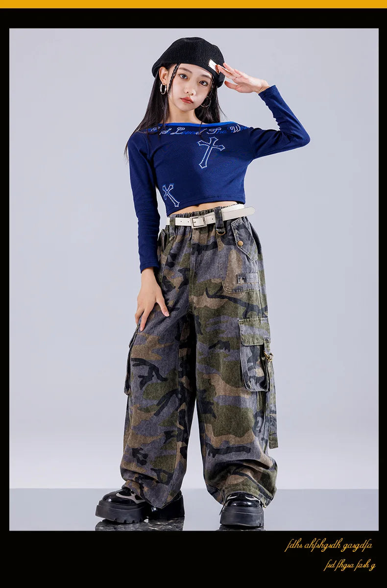 Girls' Hip-Hop Crop Top Camouflage Cargo Pants – Streetwear Style | Camo Colors
