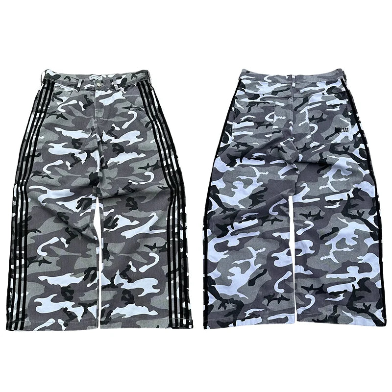 Y2K Embroidered Striped Camo Cargo Jeans Men Women Wide-Leg Camo Colors