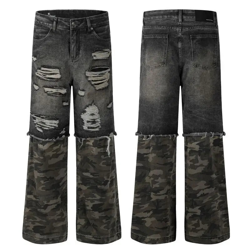 American Street Design Camouflage Splicing Jeans PFNW | Camo Colors