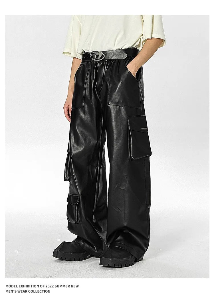 New Men’s Multi-Pocket Cargo Pants Hip-Hop Punk Leather Trousers Camo Colors