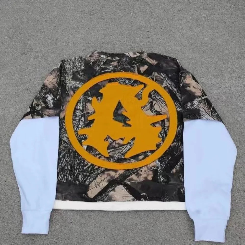 American Y2K Camo T-Shirt Women's Splicing Lettered Long Sleeve Camo Colors