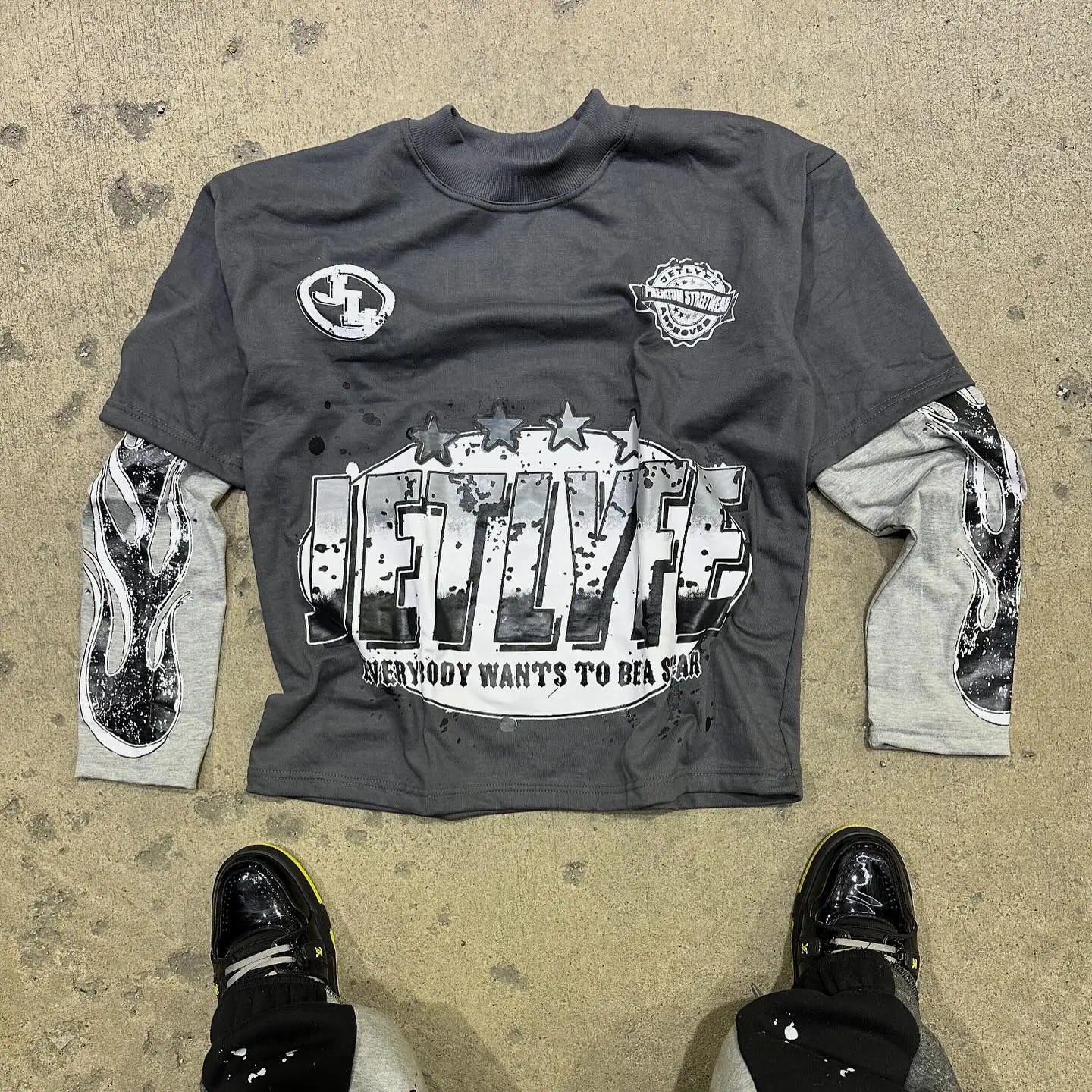 American Y2K Camo T-Shirt Women's Splicing Lettered Long Sleeve Camo Colors