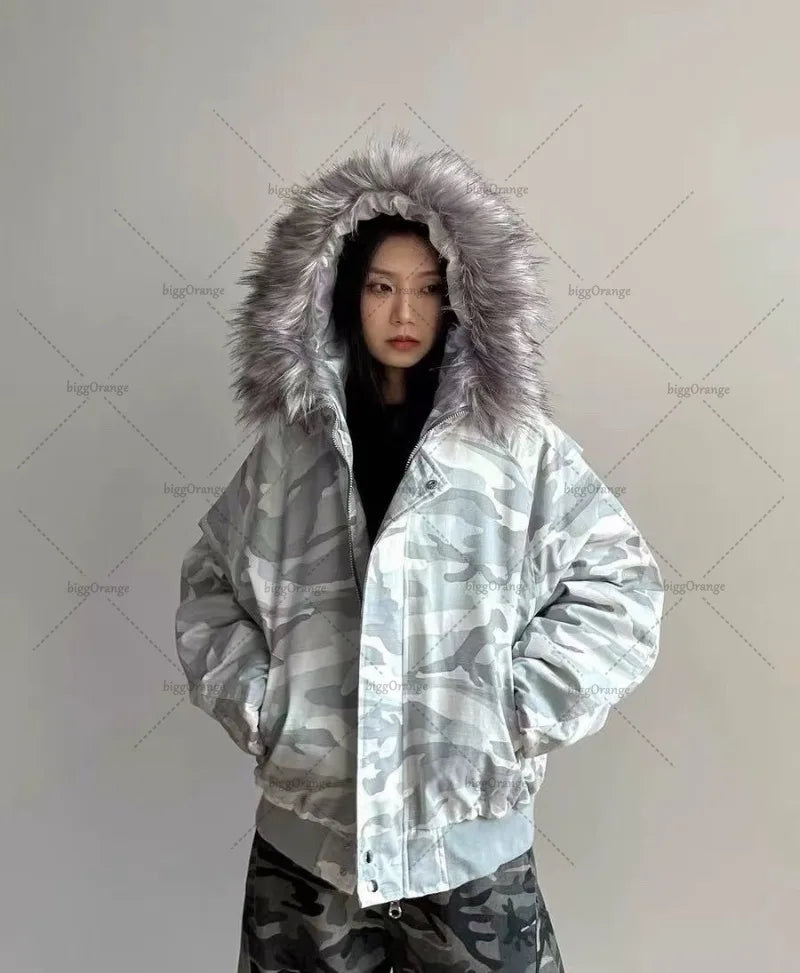 Harajuku Camo Bomber Jacket with Fur Collar Warm Coat Men Camo Colors