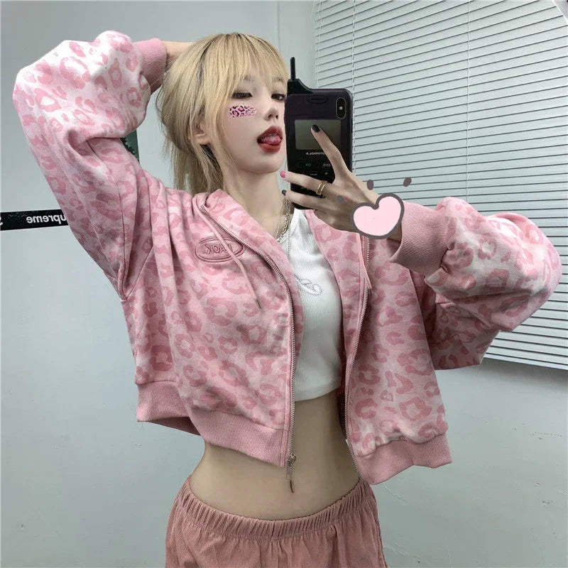 Streetwear Leopard Print Crop Hoodie – Oversized Pink Harajuku Style | Camo Colors